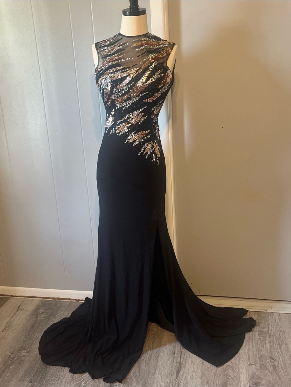 Milano Formals Black Evening Gown with Metallic Sequin Accents